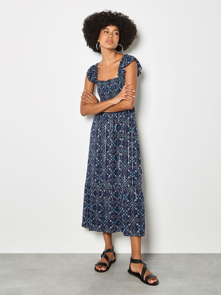 Apricot Blue Folk Floral Metallic Midi Dress - Image 2 of 5