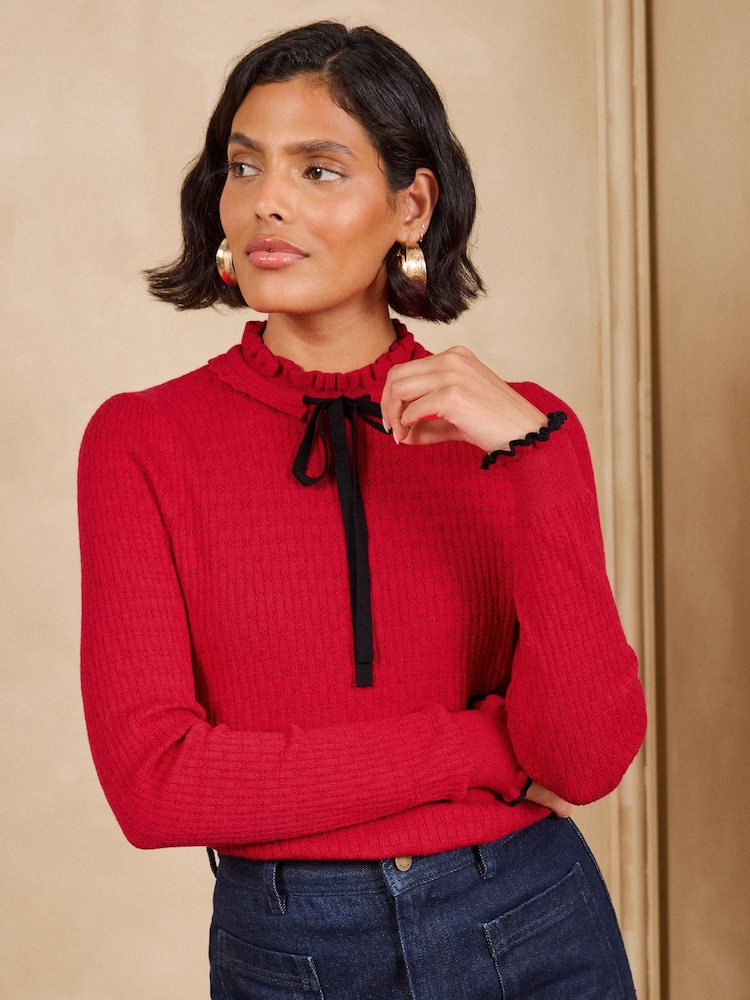Rojo - Love & Roses Frilled High Neck Tie Detail Long Sleeve Knitted Top - Imagen 1 de 5 Rojo - Love & Roses Frilled High Neck Tie Detail Long Sleeve Knitted Top - Imagen 1 de 5
