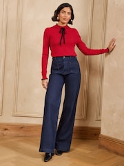 Rojo - Love & Roses Frilled High Neck Tie Detail Long Sleeve Knitted Top - Imagen 3 de 5