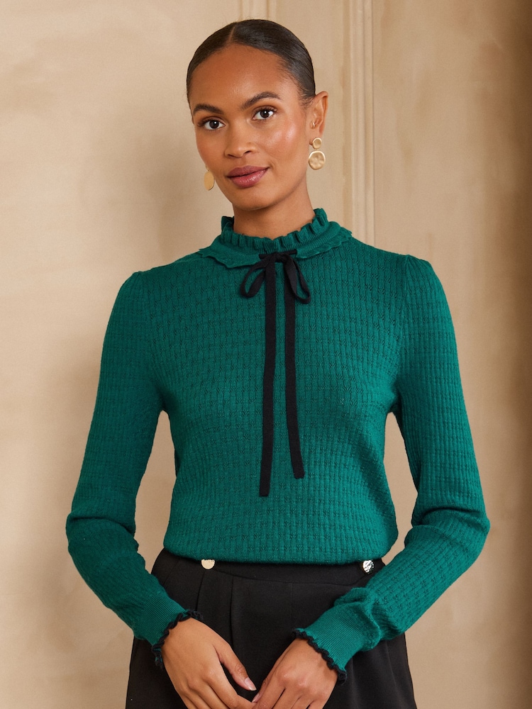 Azul verdoso - Love & Roses Frilled High Neck Tie Detail Long Sleeve Knitted Top - Imagen 1 de 5 Azul verdoso - Love & Roses Frilled High Neck Tie Detail Long Sleeve Knitted Top - Imagen 1 de 5