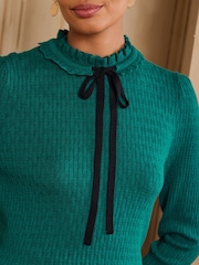 Azul verdoso - Love & Roses Frilled High Neck Tie Detail Long Sleeve Knitted Top - Imagen 2 de 5