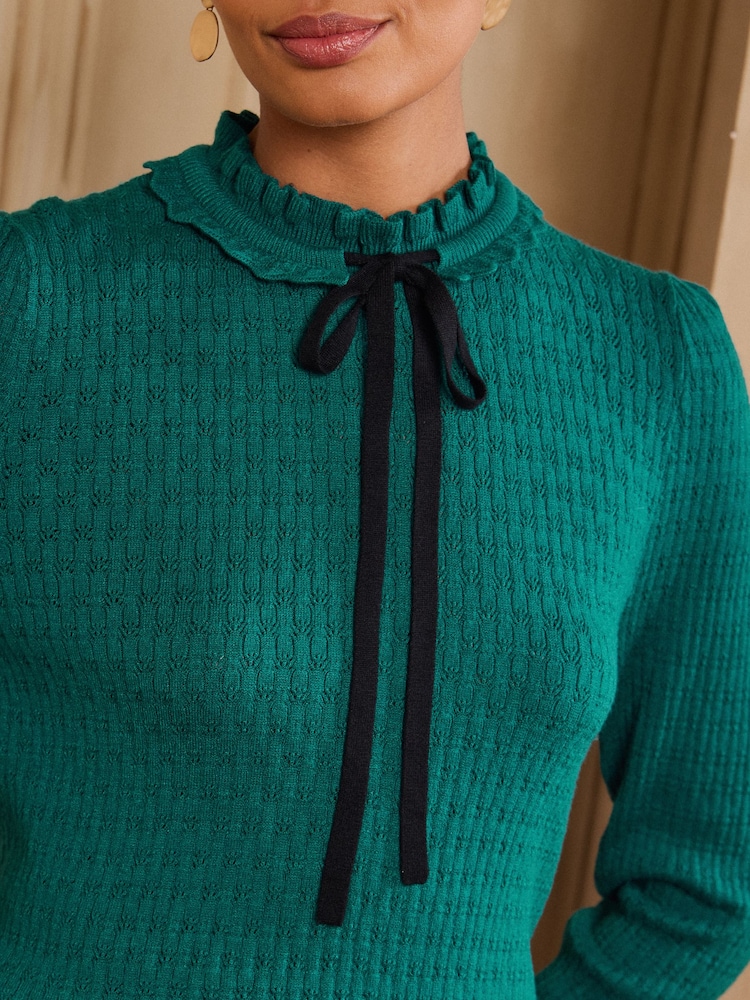 Azul verdoso - Love & Roses Frilled High Neck Tie Detail Long Sleeve Knitted Top - Imagen 2 de 5 Azul verdoso - Love & Roses Frilled High Neck Tie Detail Long Sleeve Knitted Top - Imagen 2 de 5