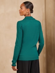 Azul verdoso - Love & Roses Frilled High Neck Tie Detail Long Sleeve Knitted Top - Imagen 4 de 5