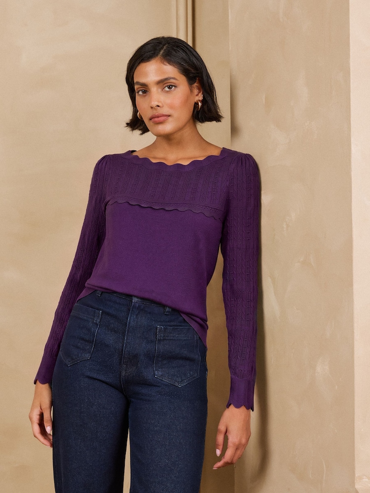 Love & Roses Purple Scalloped Boat Neck Long Sleeve Knitted Jumper - Image 1 of 4 Love & Roses Purple Scalloped Boat Neck Long Sleeve Knitted Jumper - Image 1 of 4