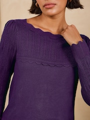 Love & Roses Purple Scalloped Boat Neck Long Sleeve Knitted Jumper - Image 2 of 4