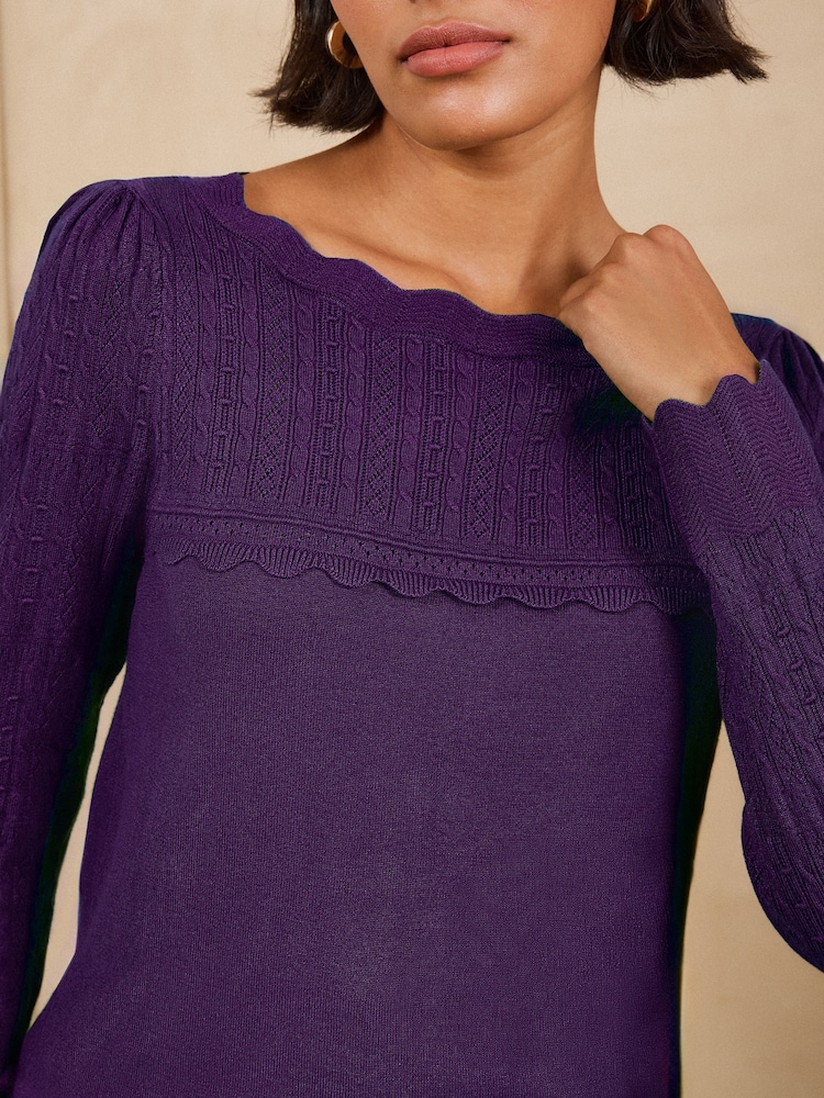 Love & Roses Purple Scalloped Boat Neck Long Sleeve Knitted Jumper - Image 2 of 4 Love & Roses Purple Scalloped Boat Neck Long Sleeve Knitted Jumper - Image 2 of 4