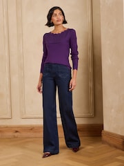 Love & Roses Purple Scalloped Boat Neck Long Sleeve Knitted Jumper - Image 4 of 4
