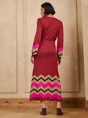 Love & Roses Rust Red Petite Wrap Front Zig Zag Striped Knitted Midi Dress - Image 4 of 4
