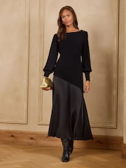 Love & Roses Black Satin Woven Mix Boat Neck Knitted Midi Dress - Image 1 of 5