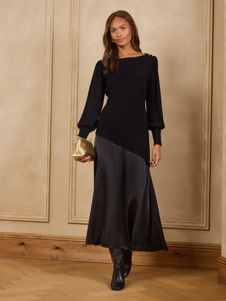 Love & Roses Black Satin Woven Mix Boat Neck Knitted Midi Dress - Image 1 of 5 Love & Roses Black Satin Woven Mix Boat Neck Knitted Midi Dress - Image 1 of 5