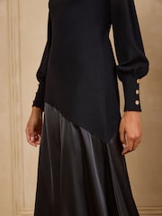 Love & Roses Black Satin Woven Mix Boat Neck Knitted Midi Dress - Image 3 of 5