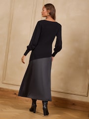 Love & Roses Black Satin Woven Mix Boat Neck Knitted Midi Dress - Image 4 of 5