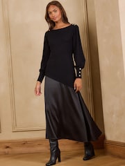 Love & Roses Black Satin Woven Mix Boat Neck Knitted Midi Dress - Image 5 of 5