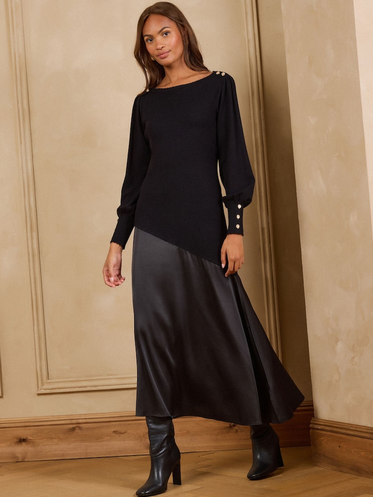 Love & Roses Black Satin Woven Mix Boat Neck Knitted Midi Dress - Image 5 of 5 Love & Roses Black Satin Woven Mix Boat Neck Knitted Midi Dress - Image 5 of 5