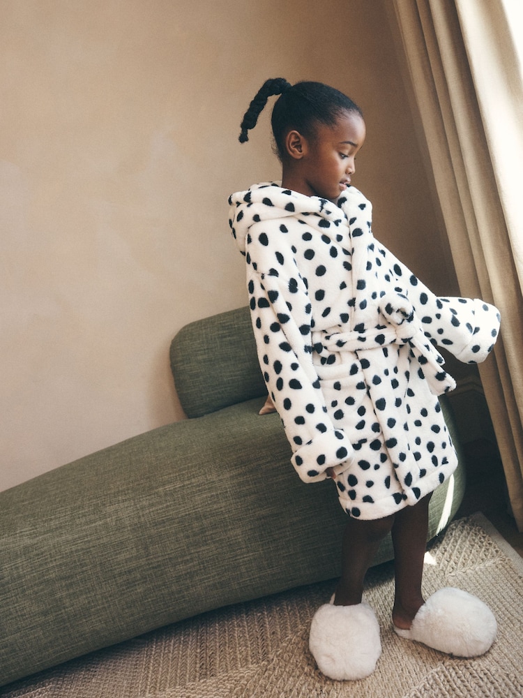 Monochrome Dalmation Print Fleece Dressing Gown (9mths-16yrs) - Image 1 of 9 Monochrome Dalmation Print Fleece Dressing Gown (9mths-16yrs) - Image 1 of 9