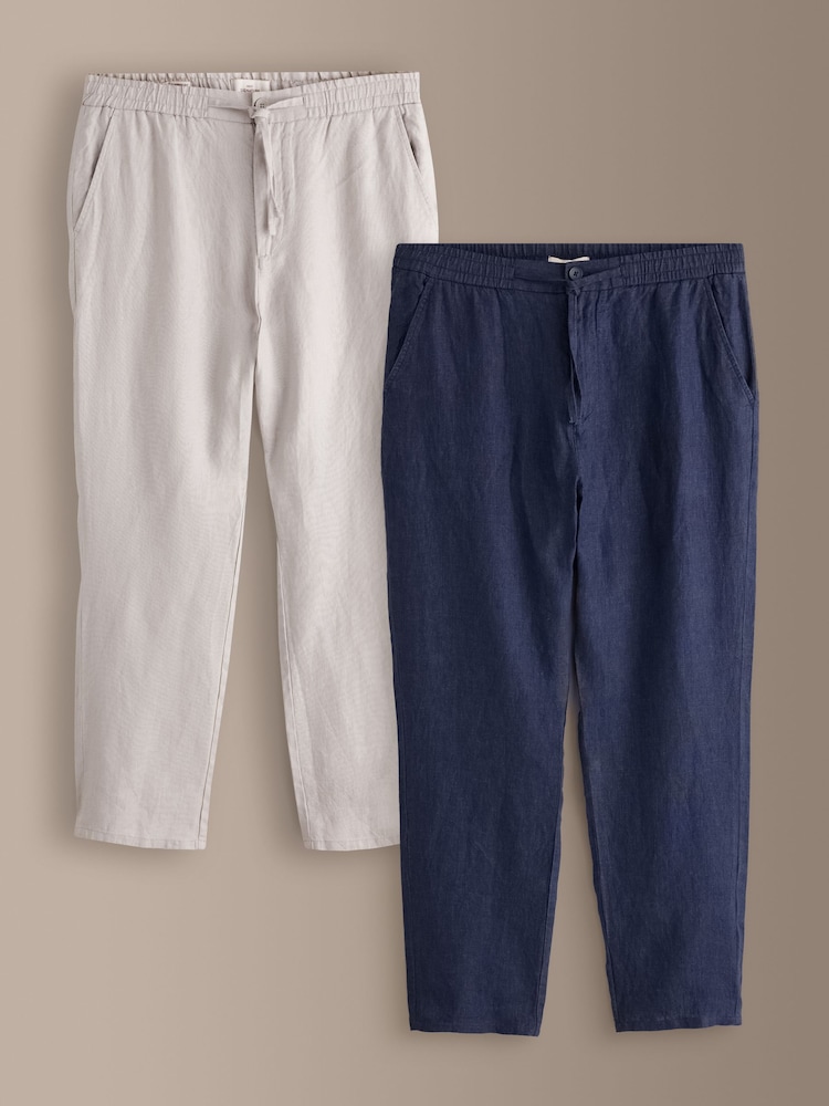 Navy/Stone Signature Linen Trousers With Elasticated Waist 2 Pack - Image 1 of 14