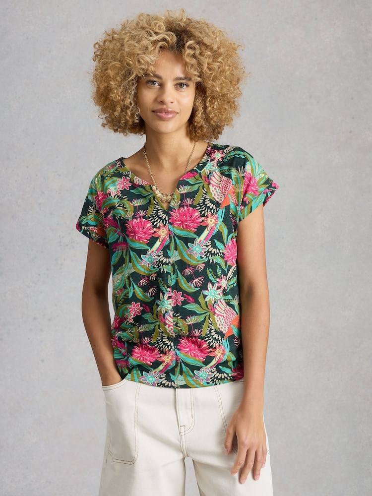 White Stuff Green Multi Nelly Notch Neck T-Shirt - Image 1 of 6 White Stuff Green Multi Nelly Notch Neck T-Shirt - Image 1 of 6