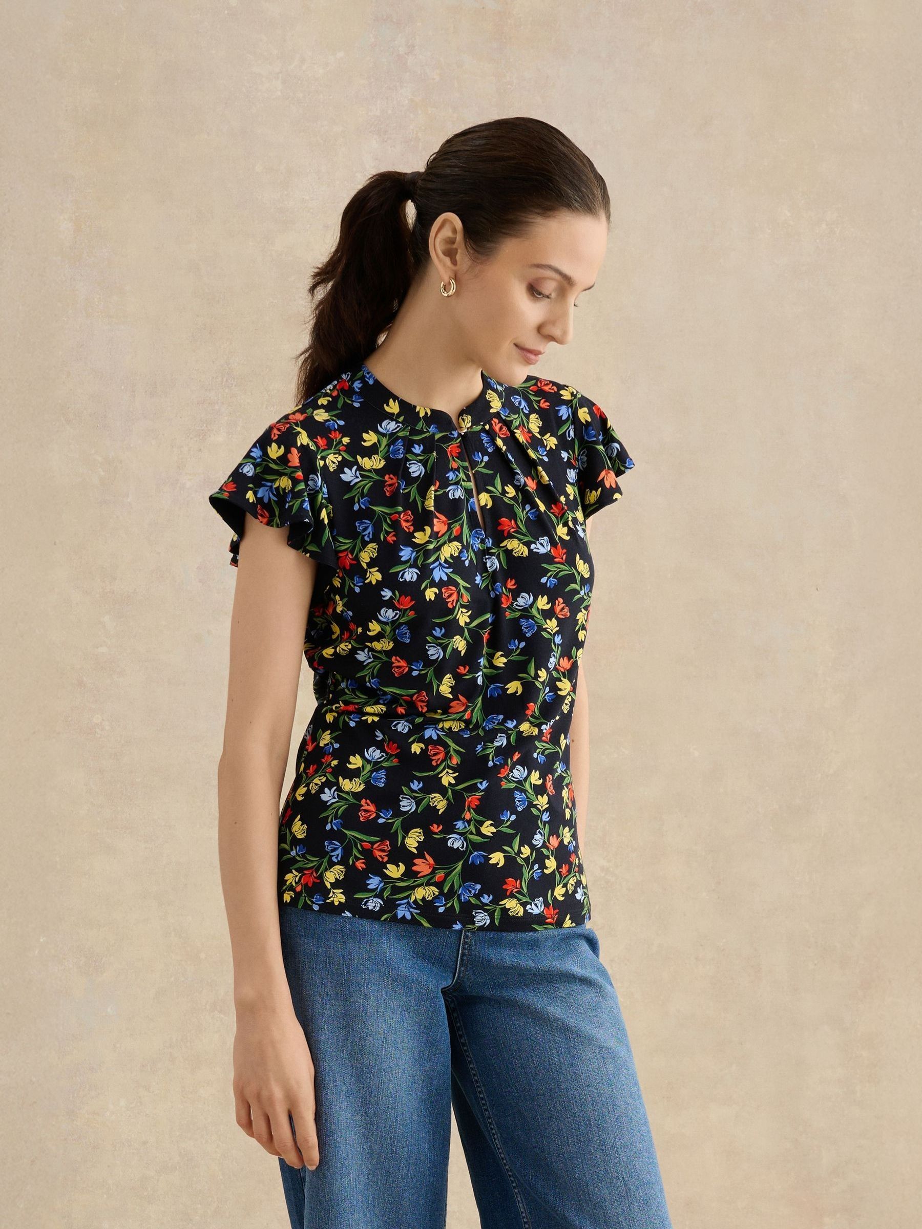 Hobbs Women's Navy Multi Lila Ruffle Sleeve Printed Top - Image 1