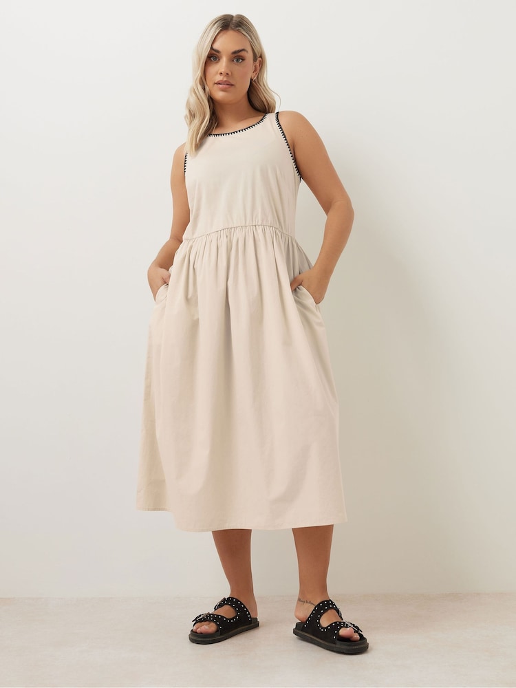 Yours Curve Natural Contrast Blanket Stitch Midi Dress - Image 1 of 4