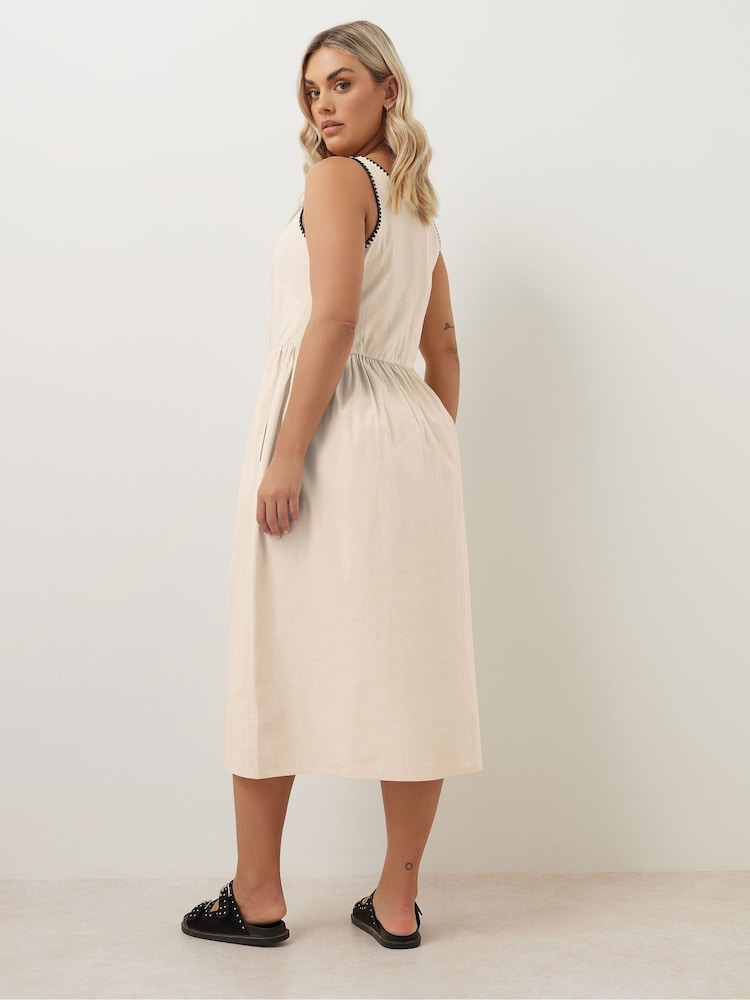 Yours Curve Natural Contrast Blanket Stitch Midi Dress - Image 2 of 4