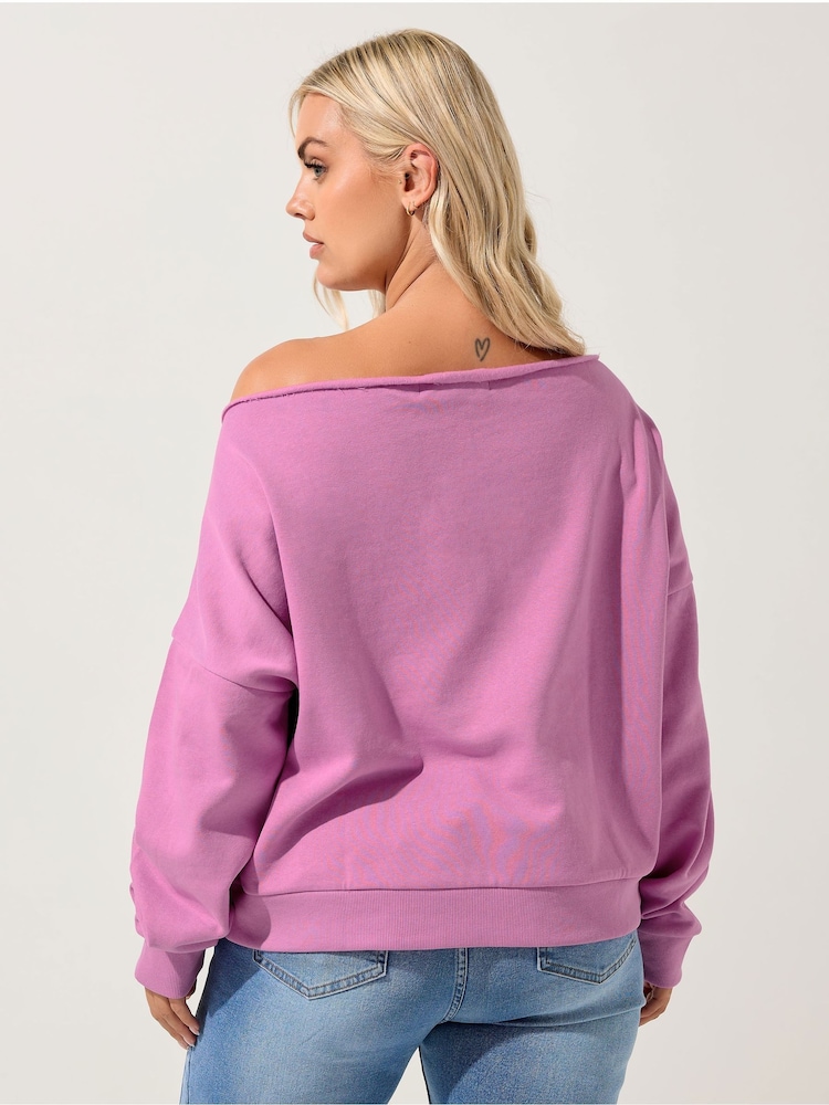 Yours Curve Pink Off Shoulder Sweatshirt - Image 2 of 5 Yours Curve Pink Off Shoulder Sweatshirt - Image 2 of 5