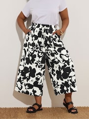 Yours Curve Black Textured Floral Print Midaxi Culotte Trousers - Image 1 of 5