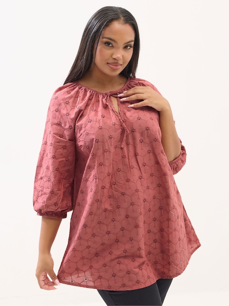 Yours Curve Orange Floral Broderie Anglaise Tie Front Top - Image 1 of 4 Yours Curve Orange Floral Broderie Anglaise Tie Front Top - Image 1 of 4