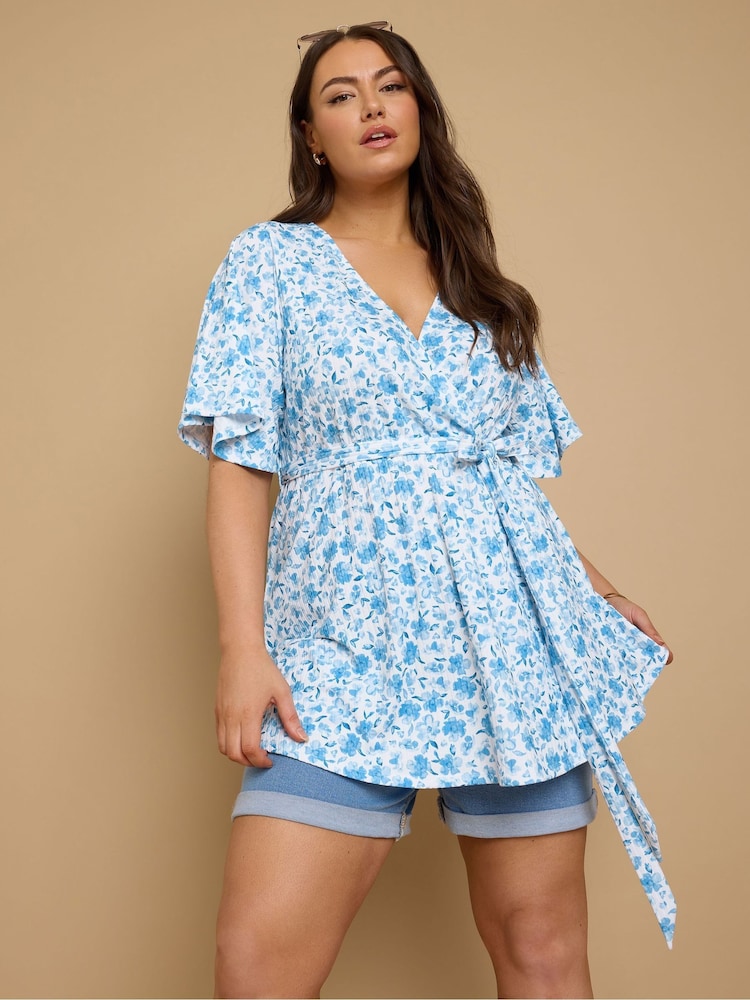 Yours Curve Floral Print Ribbed Wrap Top - Image 1 of 5