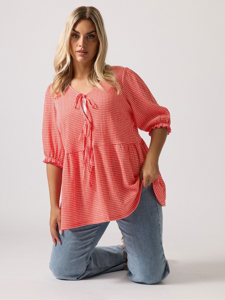 Yours Curve Red Gingham Bow Tie Front Peplum Top - Image 1 of 5