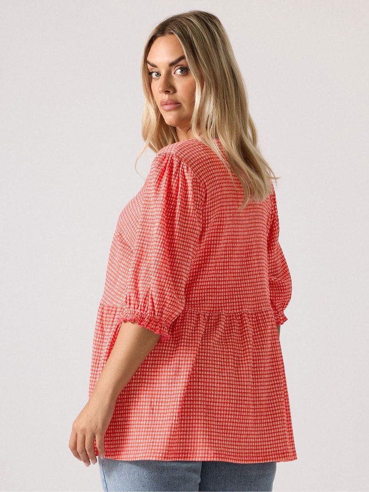 Yours Curve Red Gingham Bow Tie Front Peplum Top - Image 2 of 5