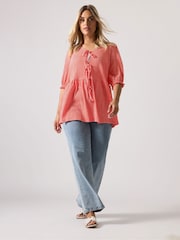 Yours Curve Red Gingham Bow Tie Front Peplum Top - Image 4 of 5