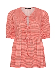 Yours Curve Red Gingham Bow Tie Front Peplum Top - Image 5 of 5