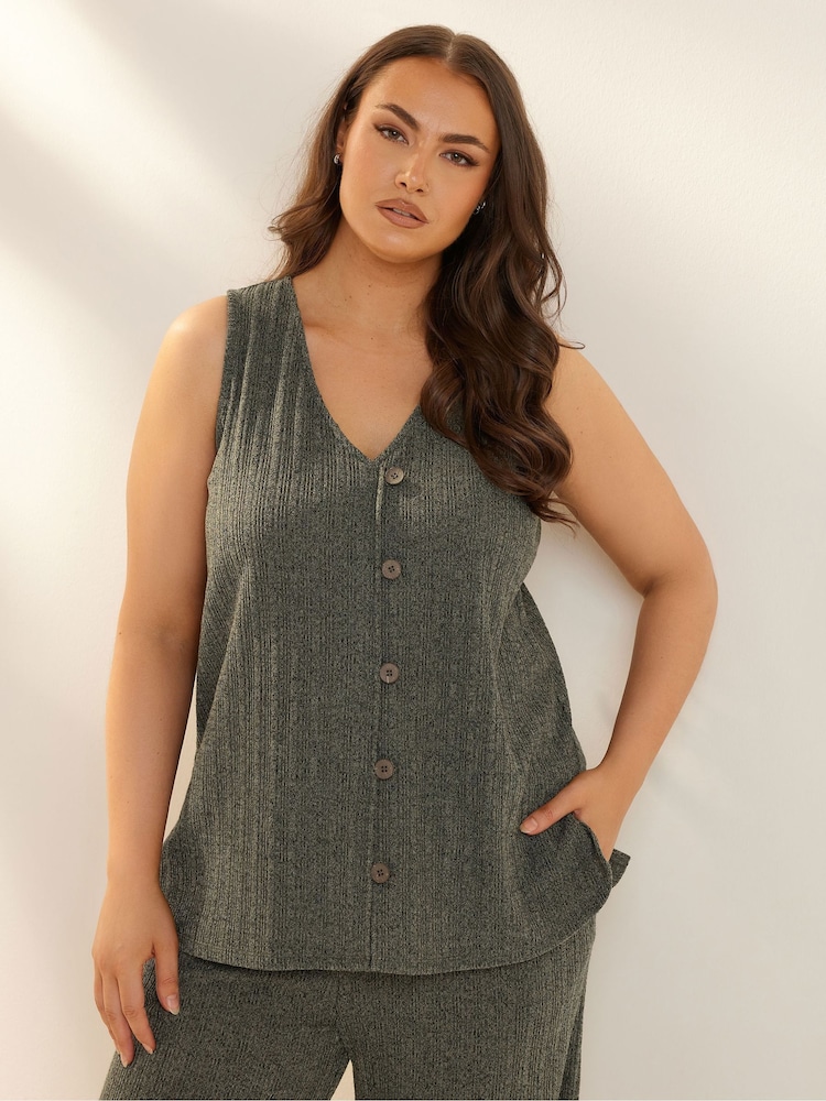 Yours Curve Green Textured Button Front Waistcoat - Image 1 of 4