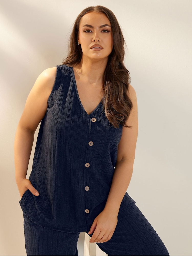 Yours Curve Blue Textured Button Front Waistcoat - Image 1 of 4
