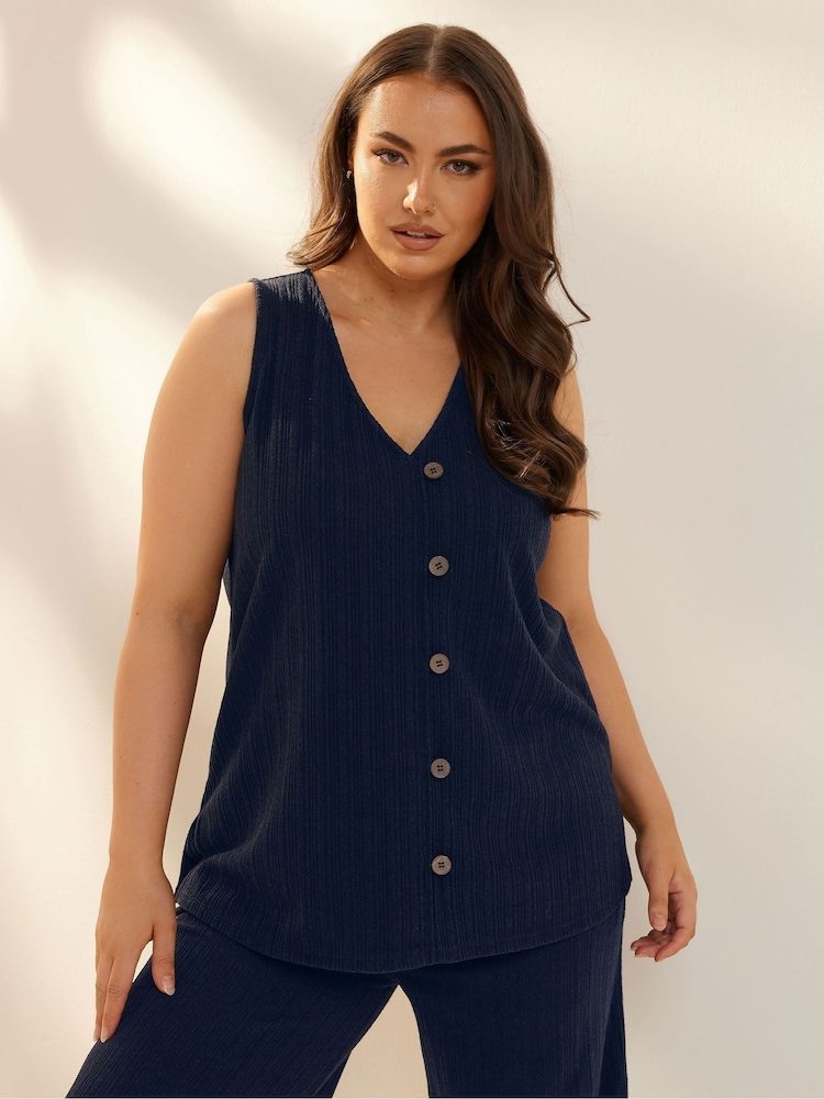 Yours Curve Blue Textured Button Front Waistcoat - Image 2 of 4
