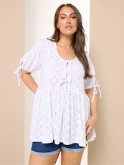 Yours Curve White Broderie Anglaise Tie Front Peplum Top - Image 1 of 5