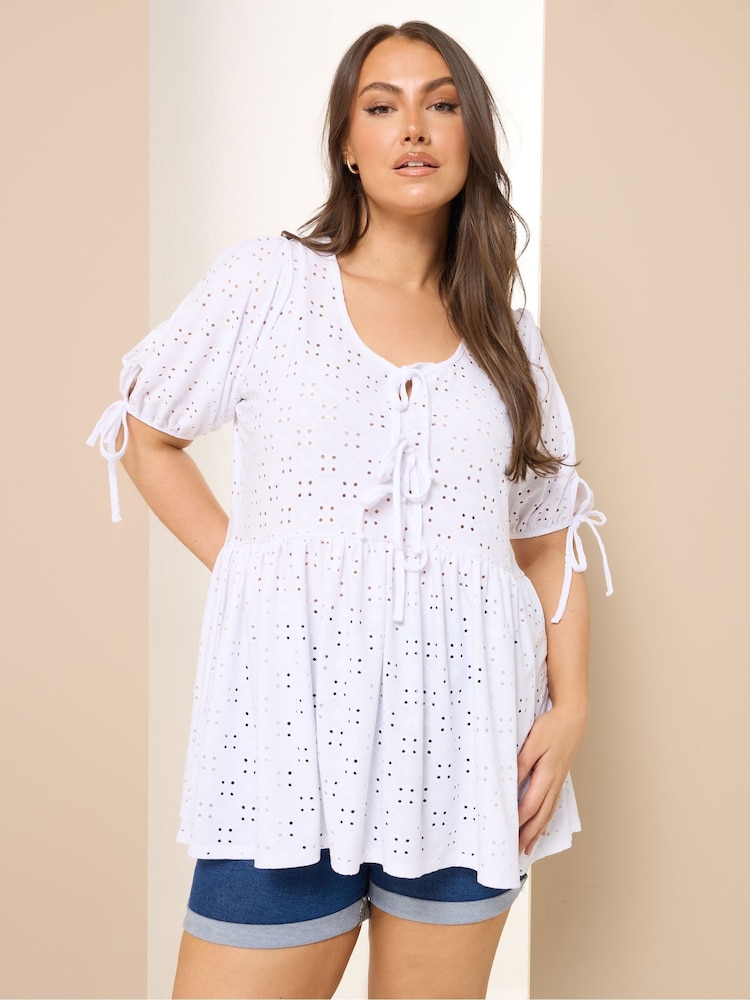Yours Curve White Broderie Anglaise Tie Front Peplum Top - Image 1 of 5