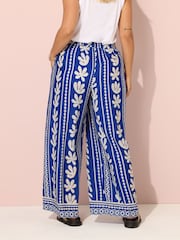 Yours Curve Blue Aztec Leaf Wide Leg Trousers - Image 2 of 5