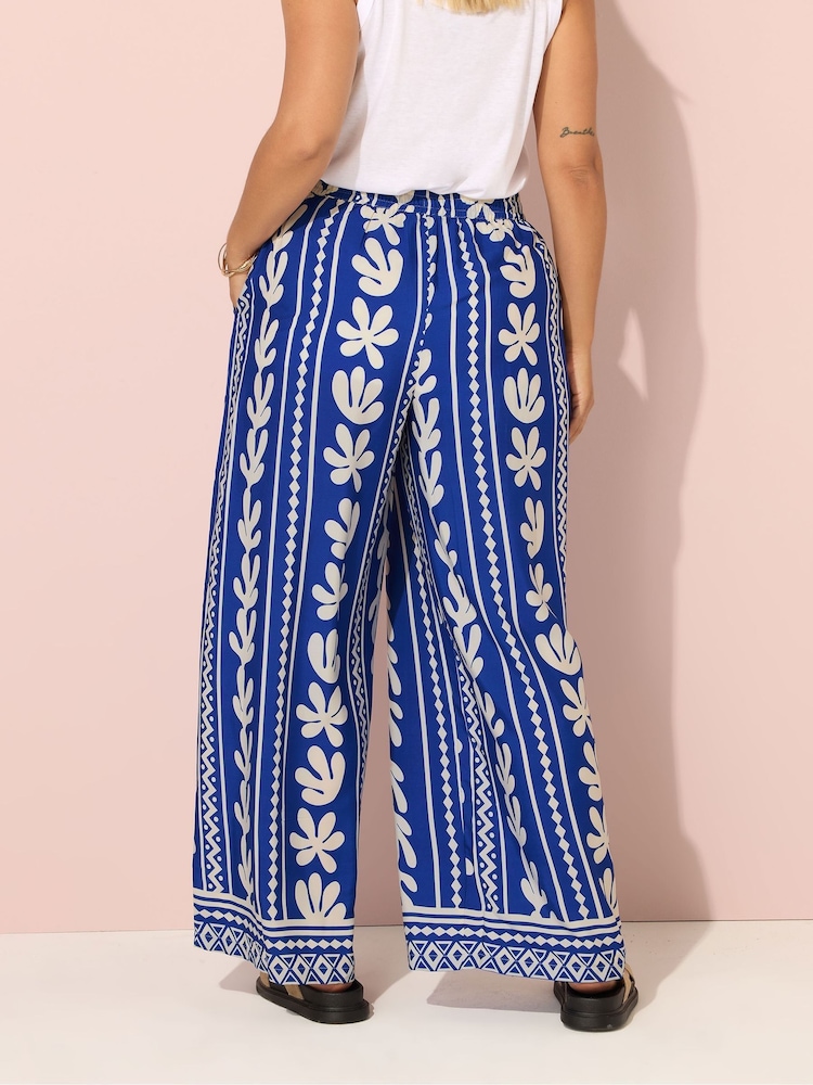 Yours Curve Blue Aztec Leaf Wide Leg Trousers - Image 2 of 5