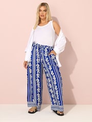 Yours Curve Blue Aztec Leaf Wide Leg Trousers - Image 4 of 5