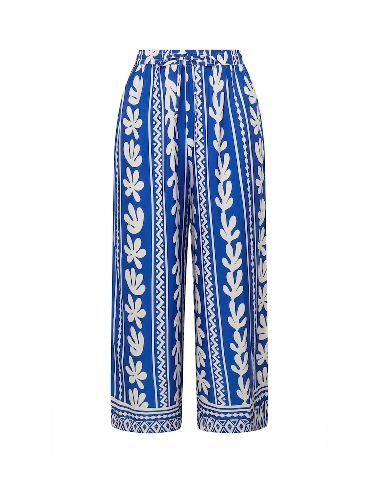 Yours Curve Blue Aztec Leaf Wide Leg Trousers - Image 5 of 5