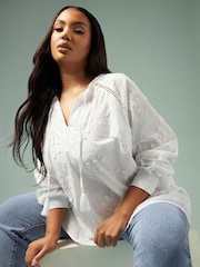 Yours Curve White Floral Embroidered Tie Neck Blouse - Image 1 of 5