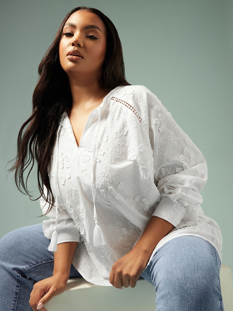 Yours Curve White Floral Embroidered Tie Neck Blouse - Image 1 of 5