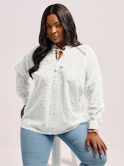 Yours Curve White Floral Embroidered Tie Neck Blouse - Image 3 of 5