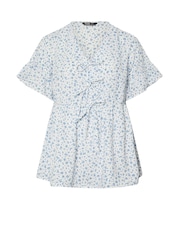 Yours Curve Blue Ditsy Floral Tie Front Peplum Top - Image 6 of 6