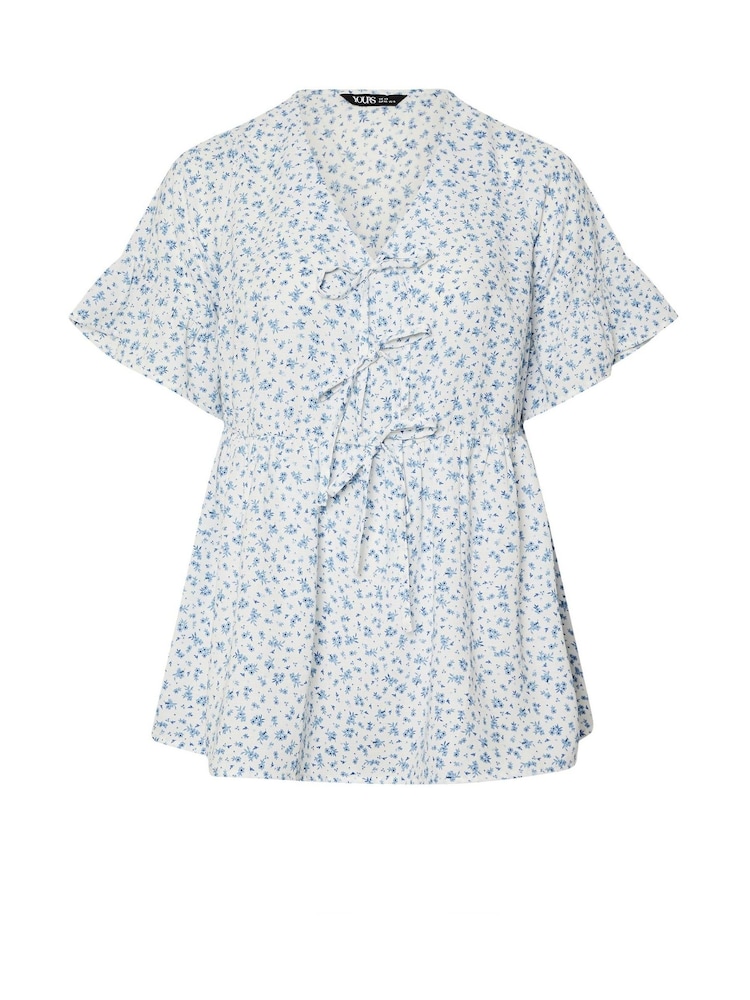 Yours Curve Blue Ditsy Floral Tie Front Peplum Top - Image 6 of 6 Yours Curve Blue Ditsy Floral Tie Front Peplum Top - Image 6 of 6