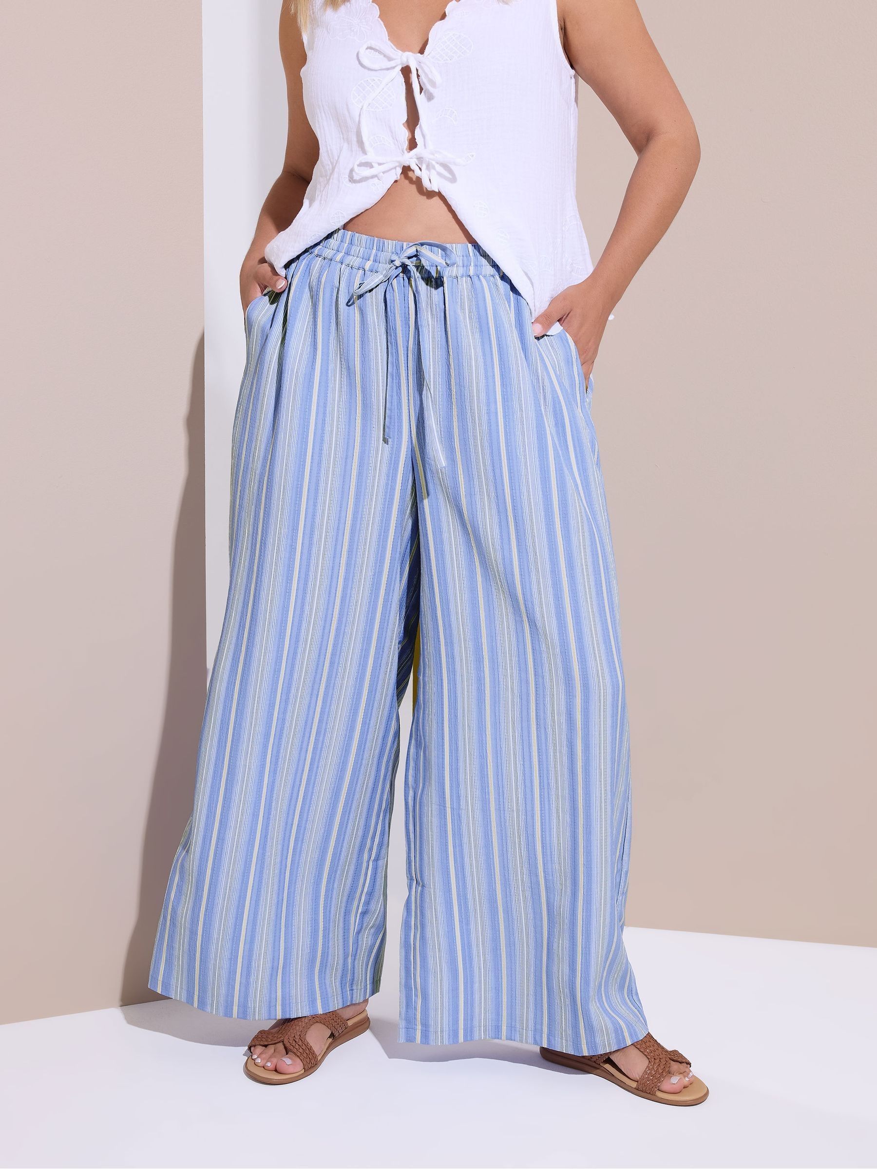 Yours Curve Women's Blue Textured Stripe Wide Leg Trousers - Image 1