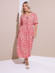 Yours Curve Red Floral Paisley Bow Tie Front Midi Dress - Image 1 of 4