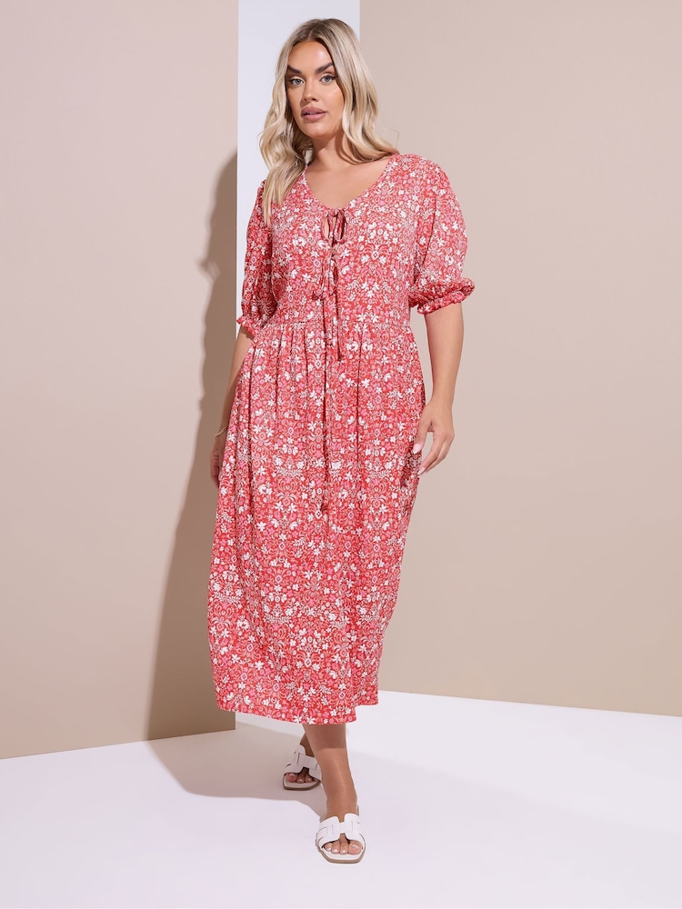 Yours Curve Red Floral Paisley Bow Tie Front Midi Dress - Image 1 of 4