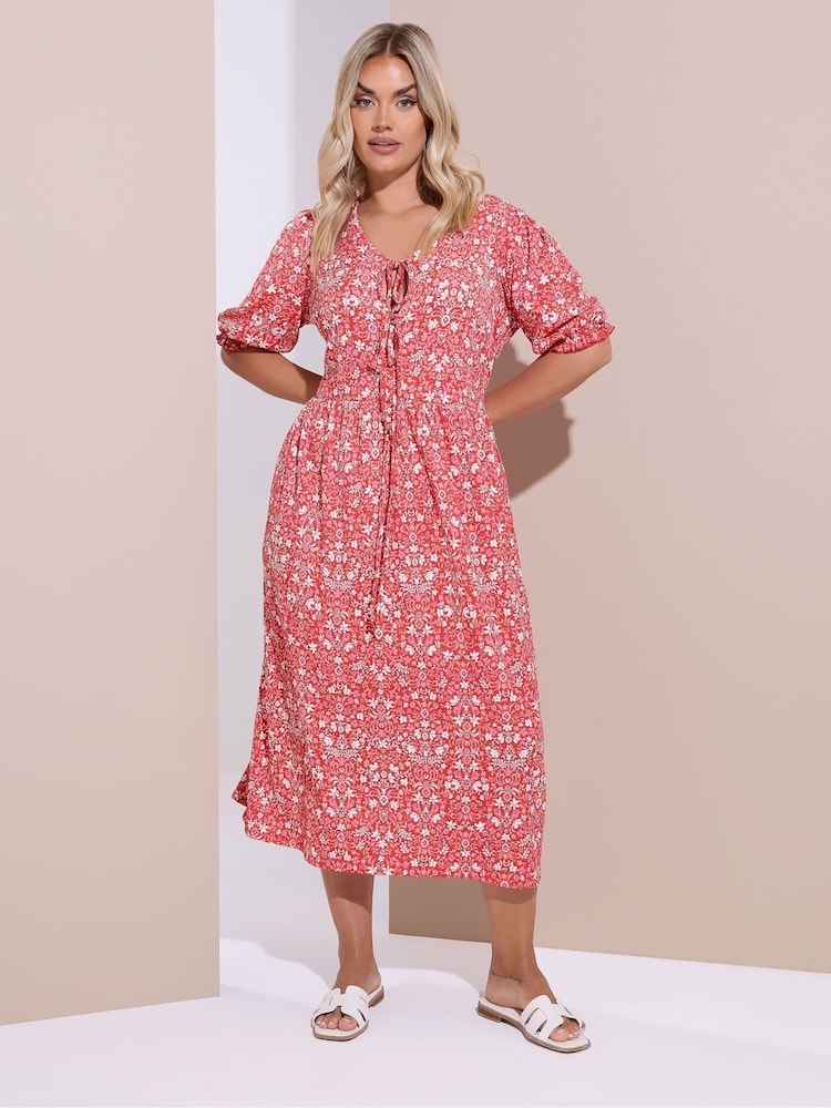 Yours Curve Red Floral Paisley Bow Tie Front Midi Dress - Image 2 of 4
